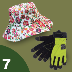 Tile labeled #7 featuring a floral-printed sun hat and gardening gloves; click to get deal.